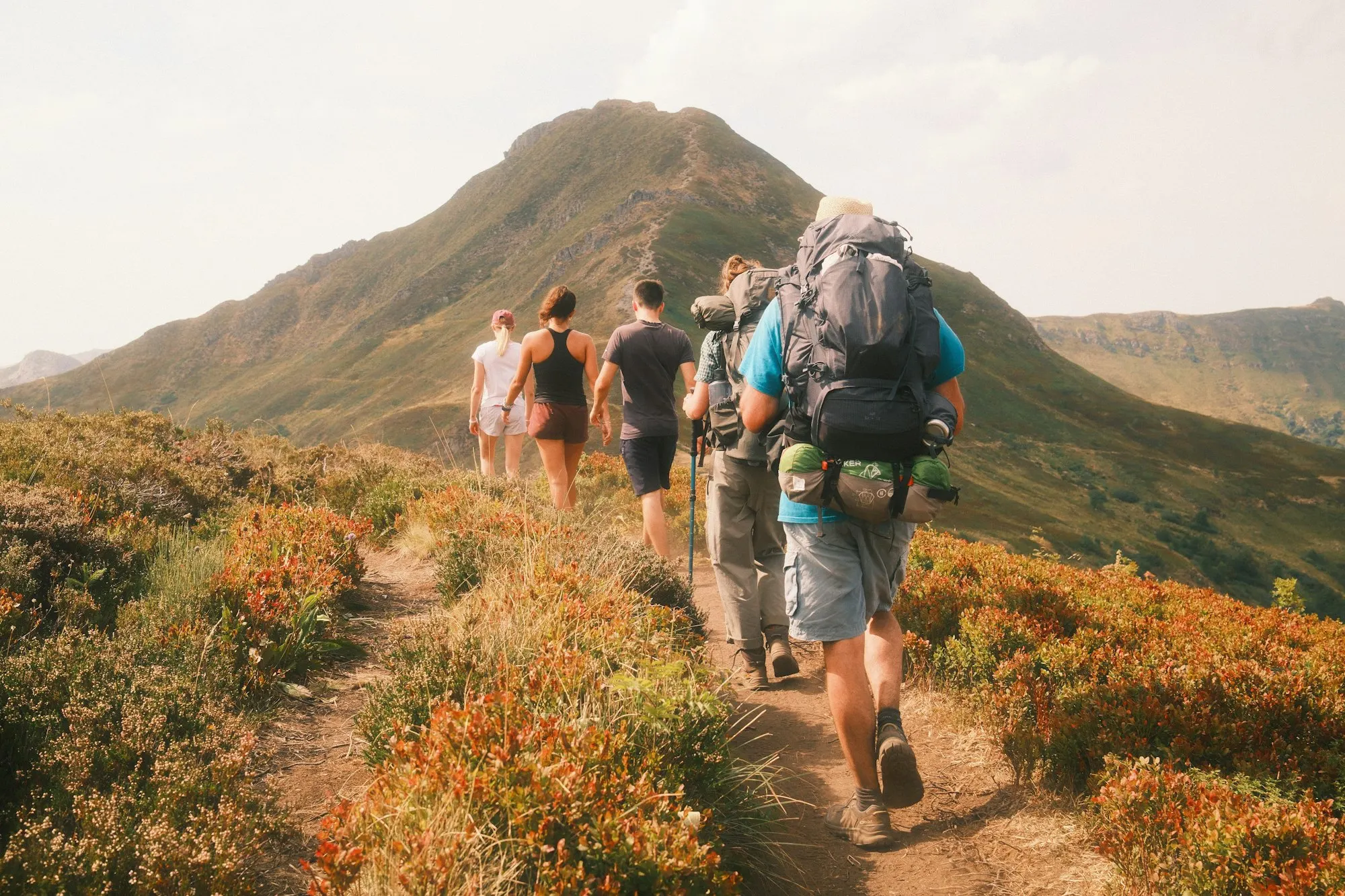 A group hiking toward a large peak